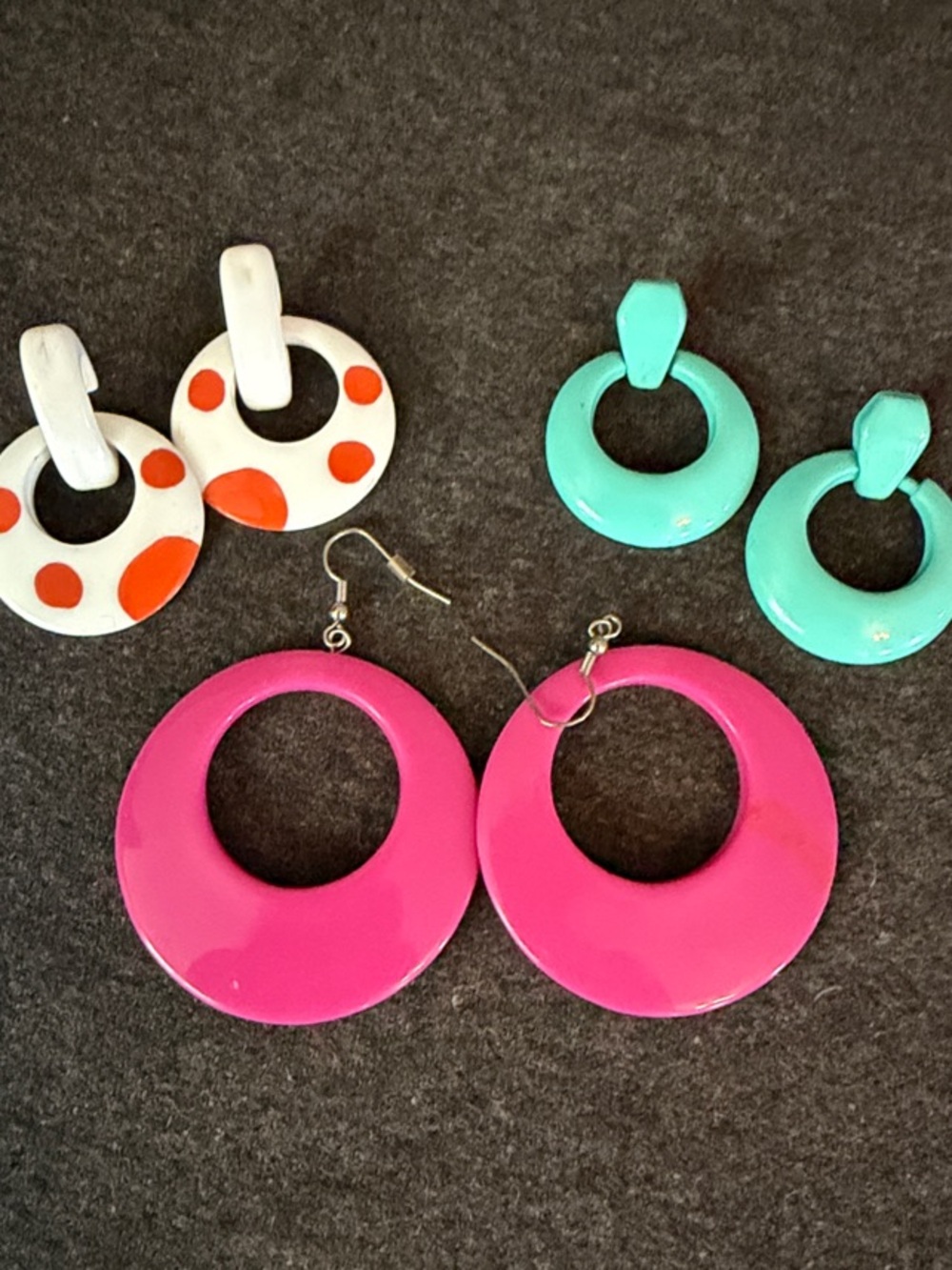 VTG 80s Hoop Earring Trio - Pink, Turquoise & White with Orange Dots